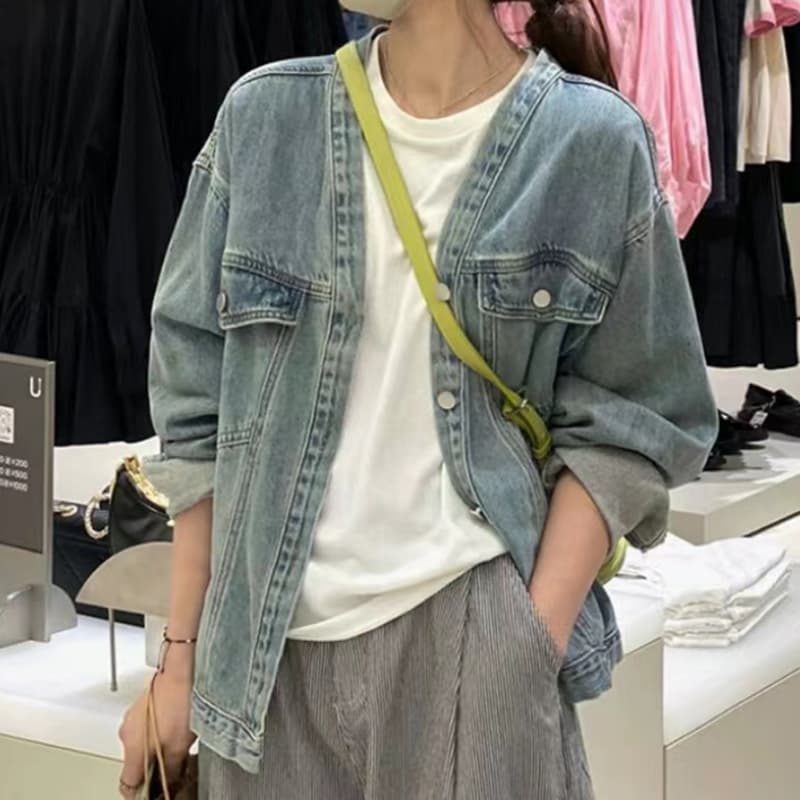 선물 화물 한국 스타일 디자인 센스 V넥 데님 재킷 맨위 루즈핏 오픈 가디건 쇼트 스타일 데님 재킷 상세 이미지 6