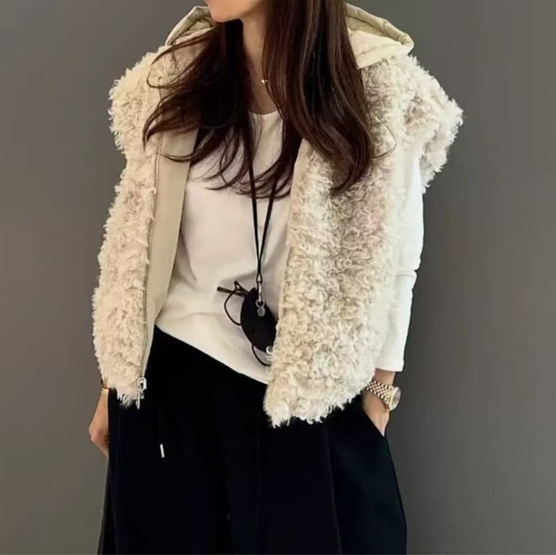 선물 화물 양털 민소매 조끼 여자 한국 후드 루즈핏 가을 겨울 두꺼운 보온 양성 및 음성 둘 착용 재킷 상세 이미지 2