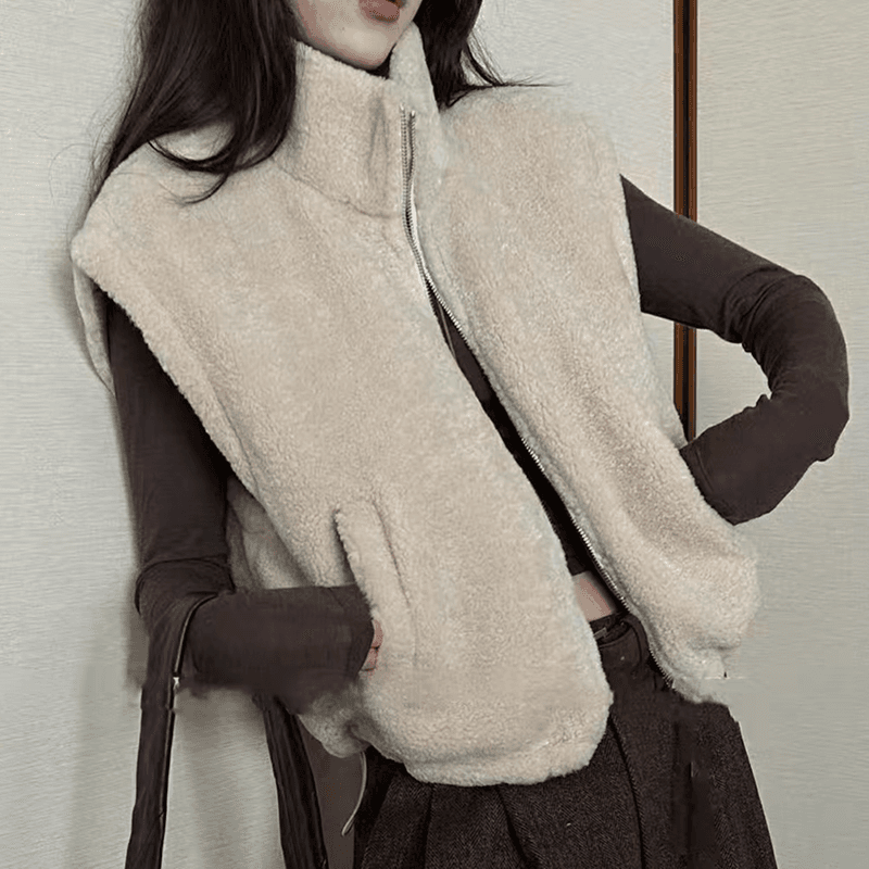 선물 화물 한국 모방 양털 양면 착용 조끼 여자 가을 겨울 스탠드 칼라 보온 루즈핏 플리스 조끼 짧은 외투 상세 이미지 2
