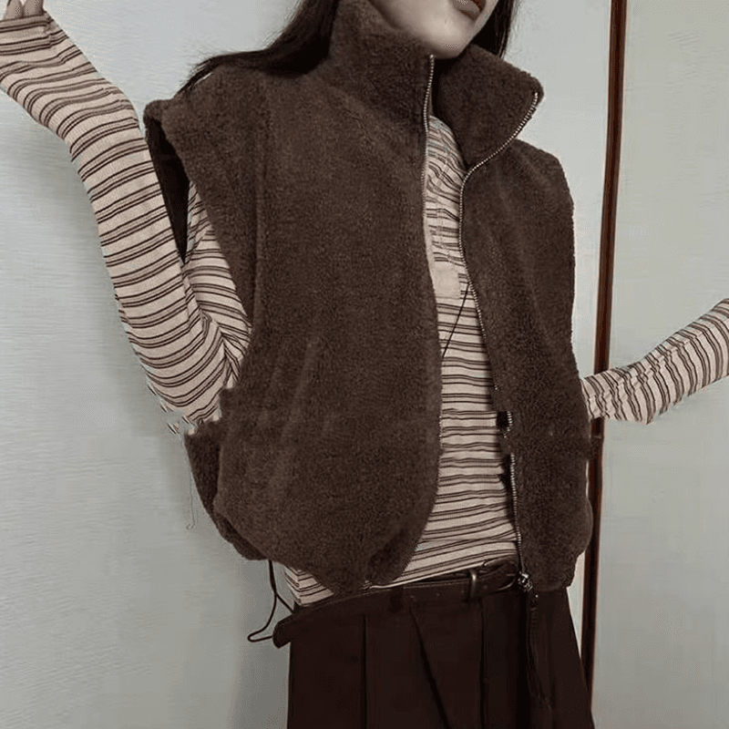 선물 화물 한국 모방 양털 양면 착용 조끼 여자 가을 겨울 스탠드 칼라 보온 루즈핏 플리스 조끼 짧은 외투 상세 이미지 4