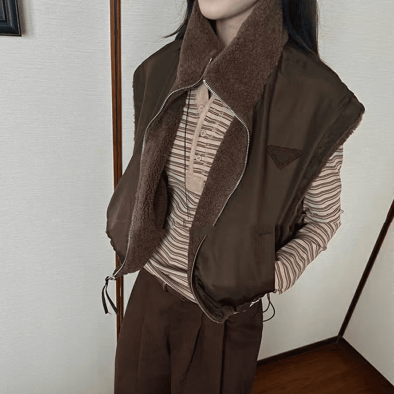 선물 화물 한국 모방 양털 양면 착용 조끼 여자 가을 겨울 스탠드 칼라 보온 루즈핏 플리스 조끼 짧은 외투 상세 이미지 5