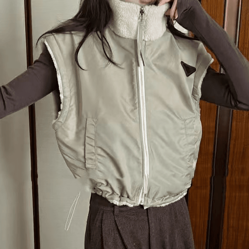 선물 화물 한국 모방 양털 양면 착용 조끼 여자 가을 겨울 스탠드 칼라 보온 루즈핏 플리스 조끼 짧은 외투 상세 이미지 6