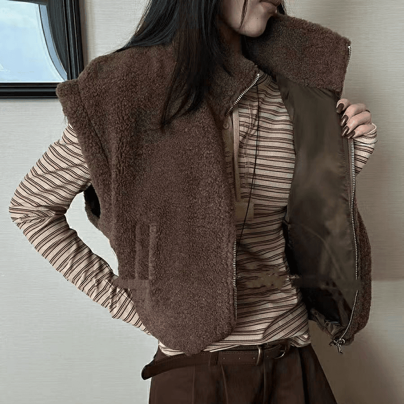 선물 화물 한국 모방 양털 양면 착용 조끼 여자 가을 겨울 스탠드 칼라 보온 루즈핏 플리스 조끼 짧은 외투 상세 이미지 8