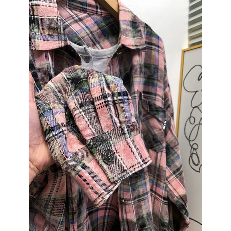 선물 화물 한국 핑크색 격자 무늬 셔츠 여성 코트 봄 가을 새로운 홀치기 염색 셔츠 디자인 센스 작은 대중 맨위 상세 이미지 7