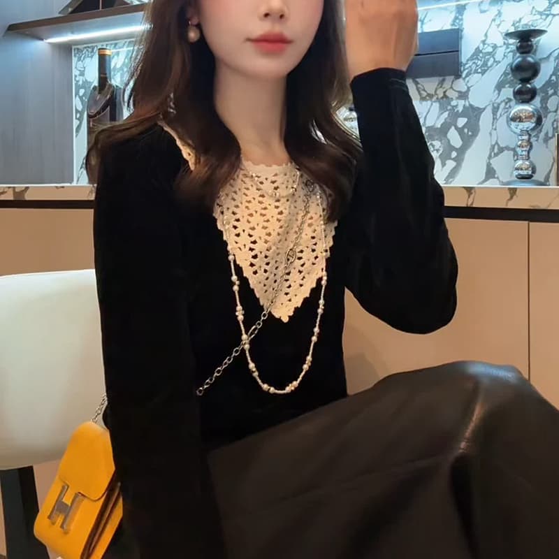 선물 화물 디자인 센스 홀로우 아웃 패치워크 벨벳 긴팔 여성 기본 셔츠 가을 프랑스식 세련된 슈퍼 잘 생긴 맨위 상세 이미지 3
