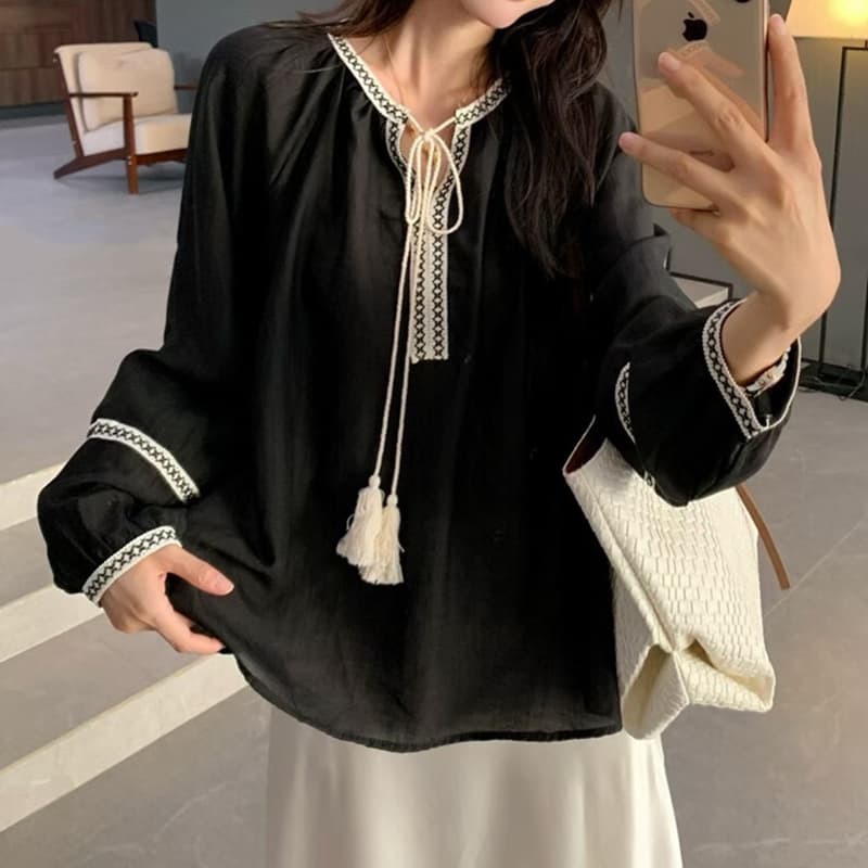 선물 화물 한국 스타일 에디션 캐주얼 루즈핏 다용도 슬림해 보이는 레트로 품격 패치워크 레이스 업 셔츠 트렌디 이미지 2