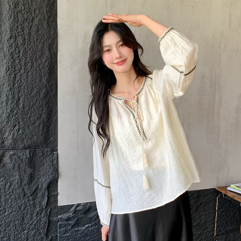 선물 화물 한국 스타일 에디션 캐주얼 루즈핏 다용도 슬림해 보이는 레트로 품격 패치워크 레이스 업 셔츠 트렌디 상세 이미지 3