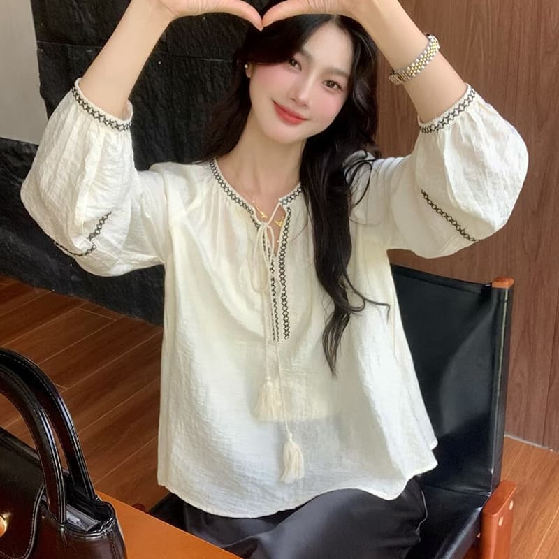 선물 화물 한국 스타일 에디션 캐주얼 루즈핏 다용도 슬림해 보이는 레트로 품격 패치워크 레이스 업 셔츠 트렌디 상세 이미지 4