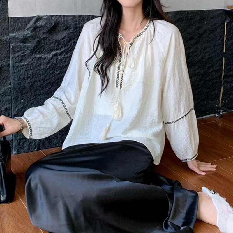 선물 화물 한국 스타일 에디션 캐주얼 루즈핏 다용도 슬림해 보이는 레트로 품격 패치워크 레이스 업 셔츠 트렌디 상세 이미지 6