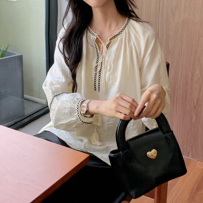 선물 화물 한국 스타일 에디션 캐주얼 루즈핏 다용도 슬림해 보이는 레트로 품격 패치워크 레이스 업 셔츠 트렌디 상세 이미지 7