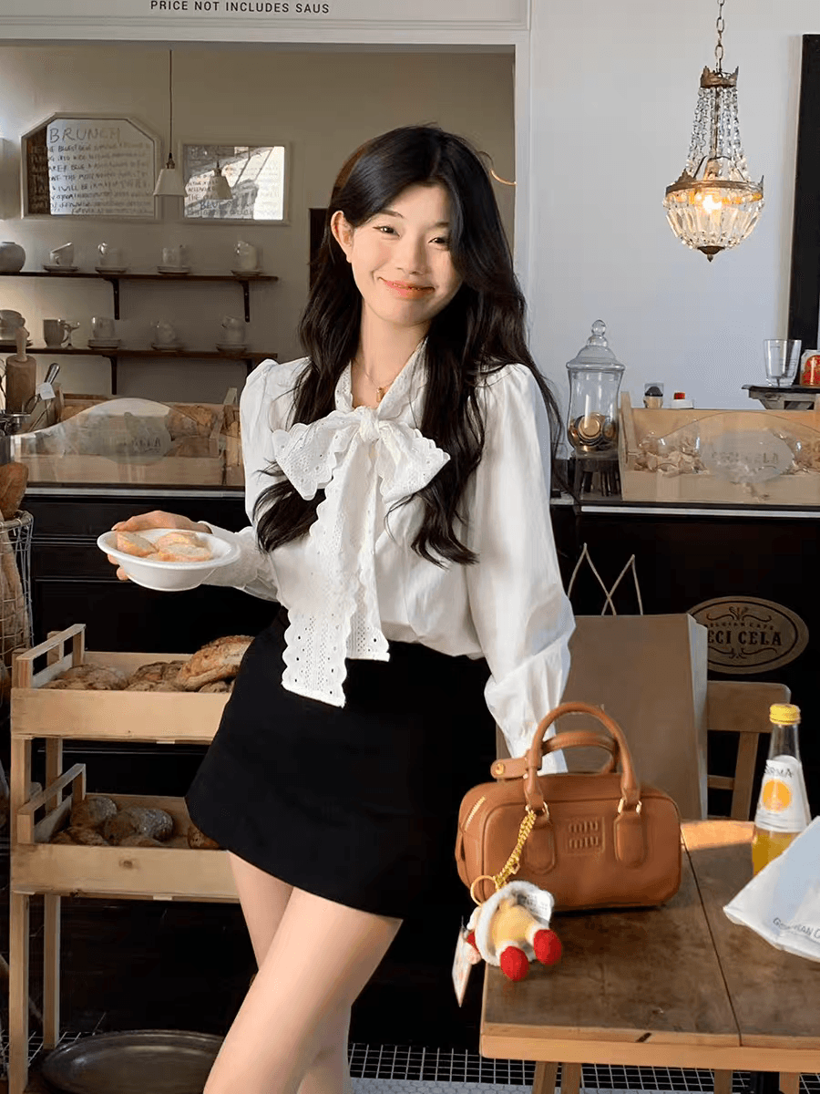 선물 화물 한국 스타일 부드러운 바람 화이트 레이스 레이스업 긴팔 여성 셔츠 봄 루즈핏 슬림해 보이는 연령 감소 chic 셔츠 상세 이미지 20