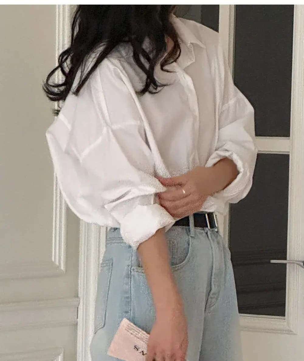 선물 화물 한국 스타일 화이트 긴팔 여성 셔츠 루즈핏 프로필 모양 다용도 캐주얼 자외선 차단 셔츠 이미지 2