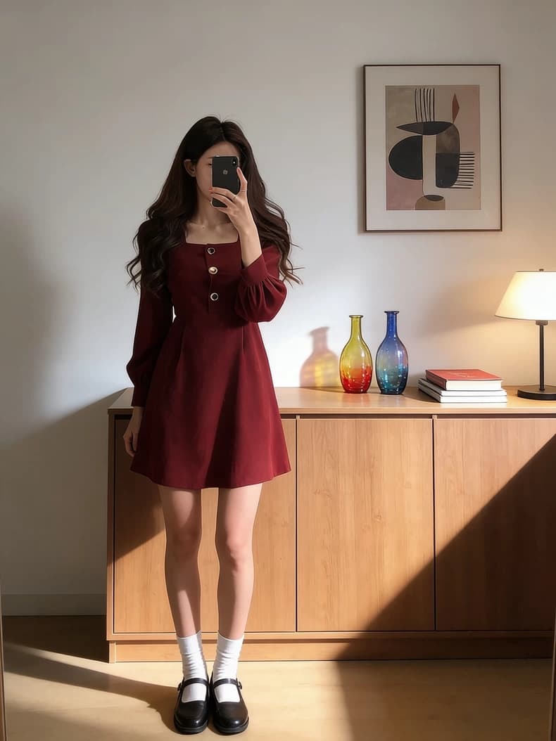 선물 화물 광장 칼라 허리 수축 미니 스커트 아이들 봄 가을 레트로 품격 와인 레드 드레스