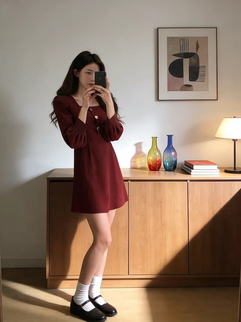 선물 화물 광장 칼라 허리 수축 미니 스커트 아이들 봄 가을 레트로 품격 와인 레드 드레스 이미지 3