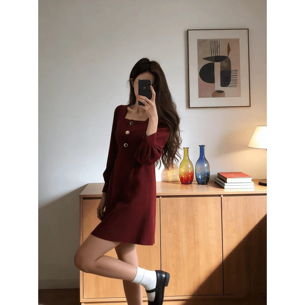 선물 화물 광장 칼라 허리 수축 미니 스커트 아이들 봄 가을 레트로 품격 와인 레드 드레스 이미지 5