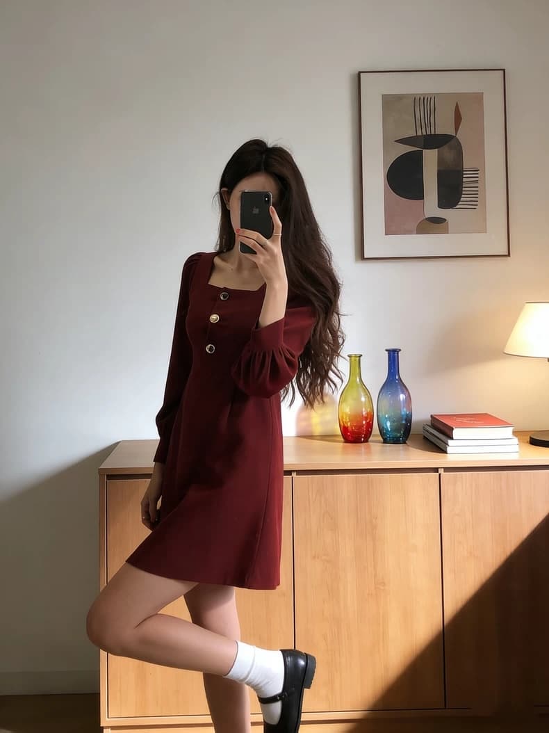 선물 화물 광장 칼라 허리 수축 미니 스커트 아이들 봄 가을 레트로 품격 와인 레드 드레스 상세 이미지 2
