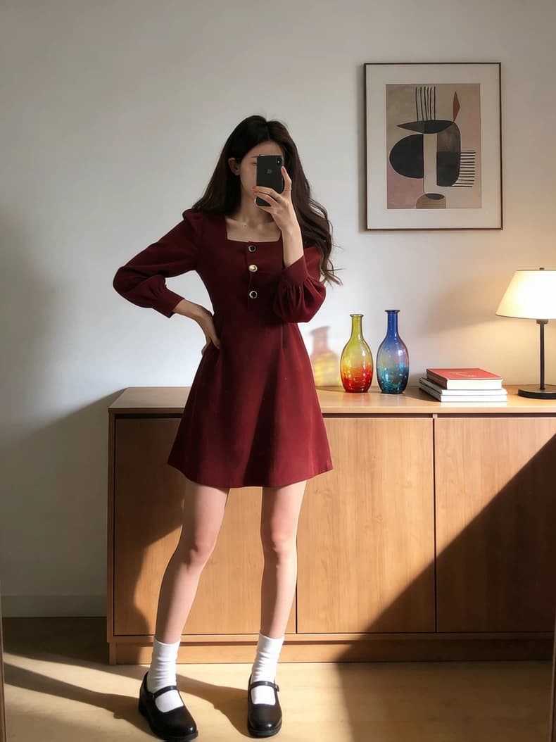선물 화물 광장 칼라 허리 수축 미니 스커트 아이들 봄 가을 레트로 품격 와인 레드 드레스 상세 이미지 6