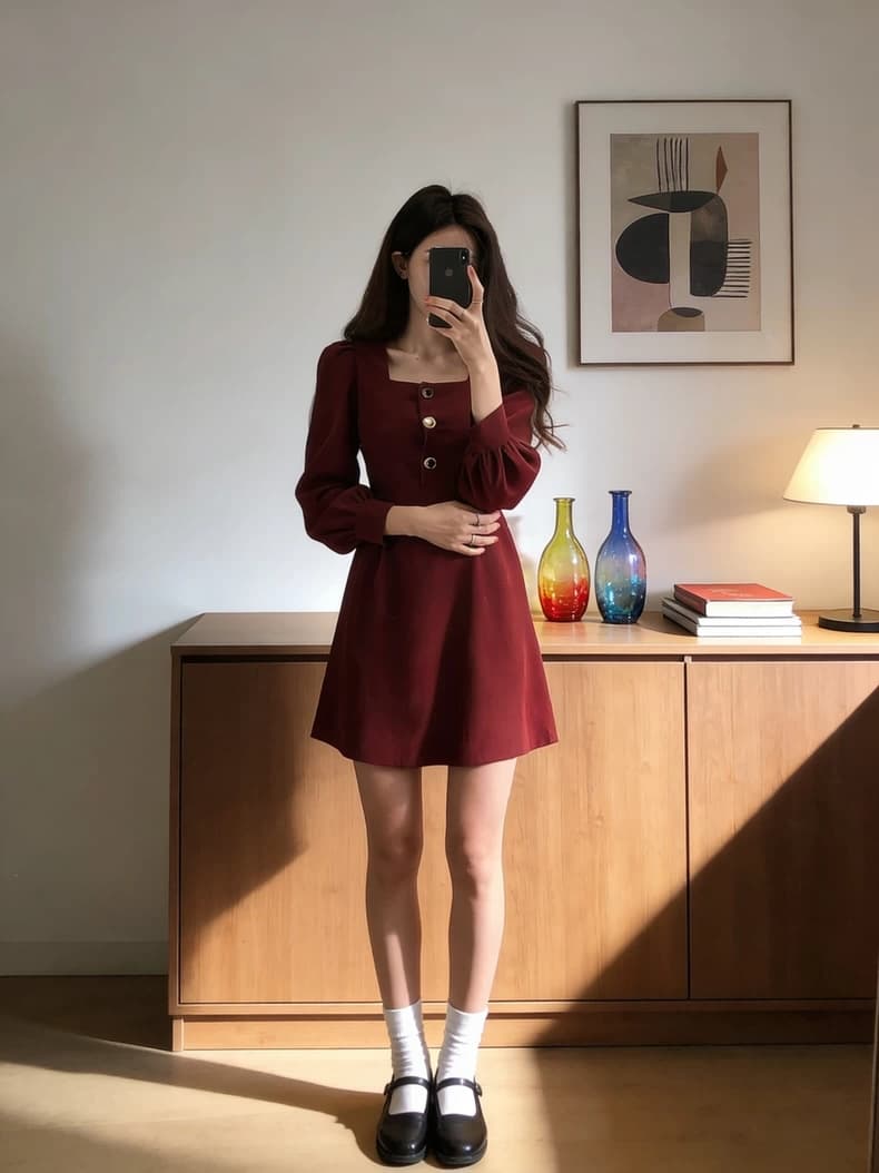 선물 화물 광장 칼라 허리 수축 미니 스커트 아이들 봄 가을 레트로 품격 와인 레드 드레스 상세 이미지 10