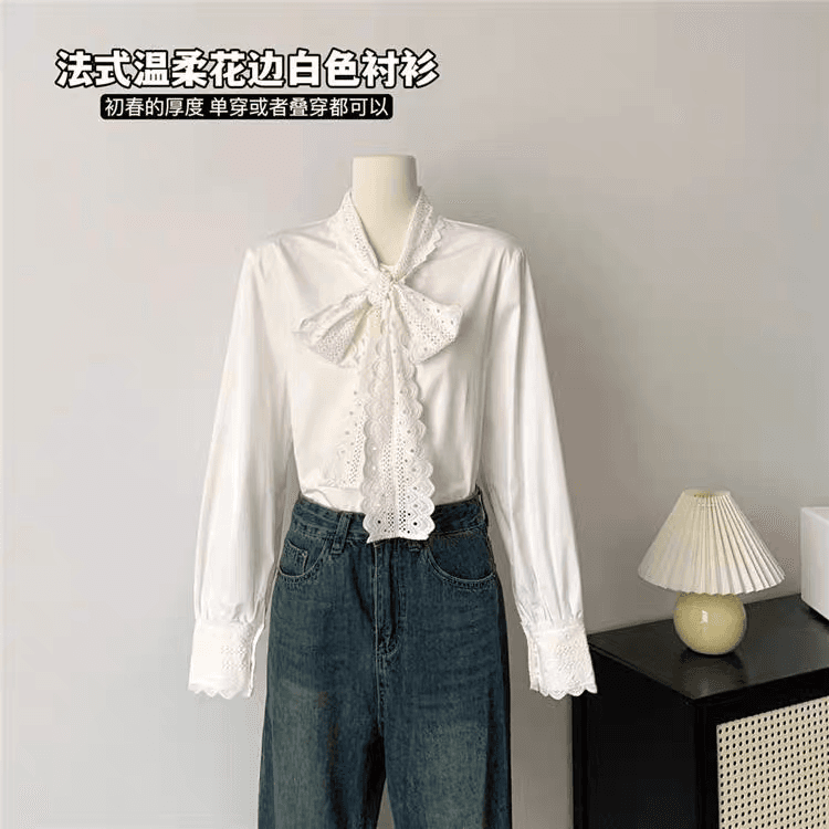 선물 화물 한국 스타일 나비 매듭 화이트 여성 셔츠 봄 가을 디자인 센스 Chic 긴팔 맨위 상세 이미지 12