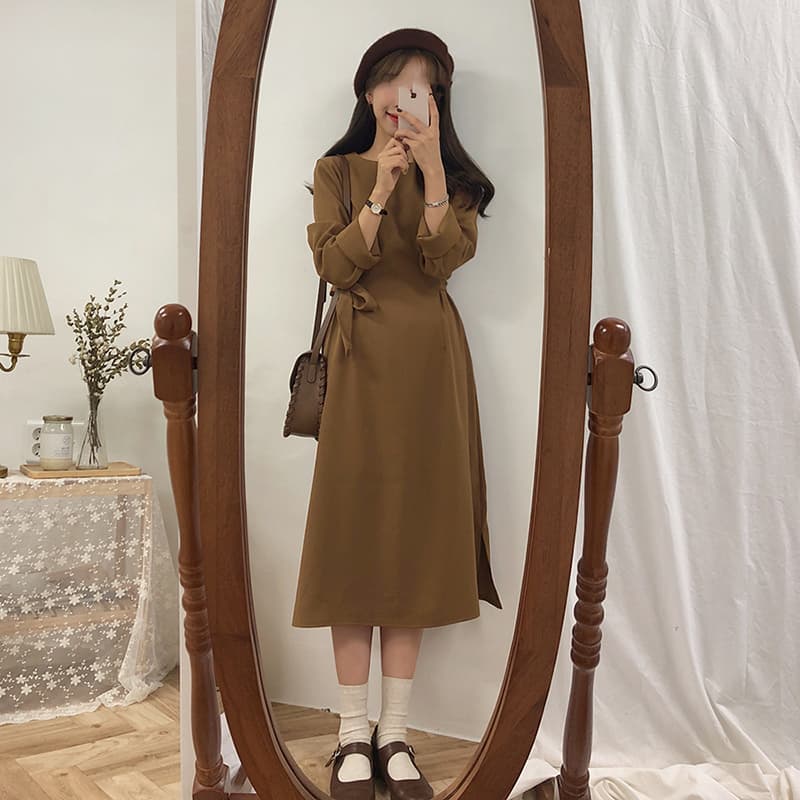 선물 화물 한국 스타일 허리 수축 봄 가을 레이스업 여성 드레스 그는 벤 바람 롱 스커트 상세 이미지 21