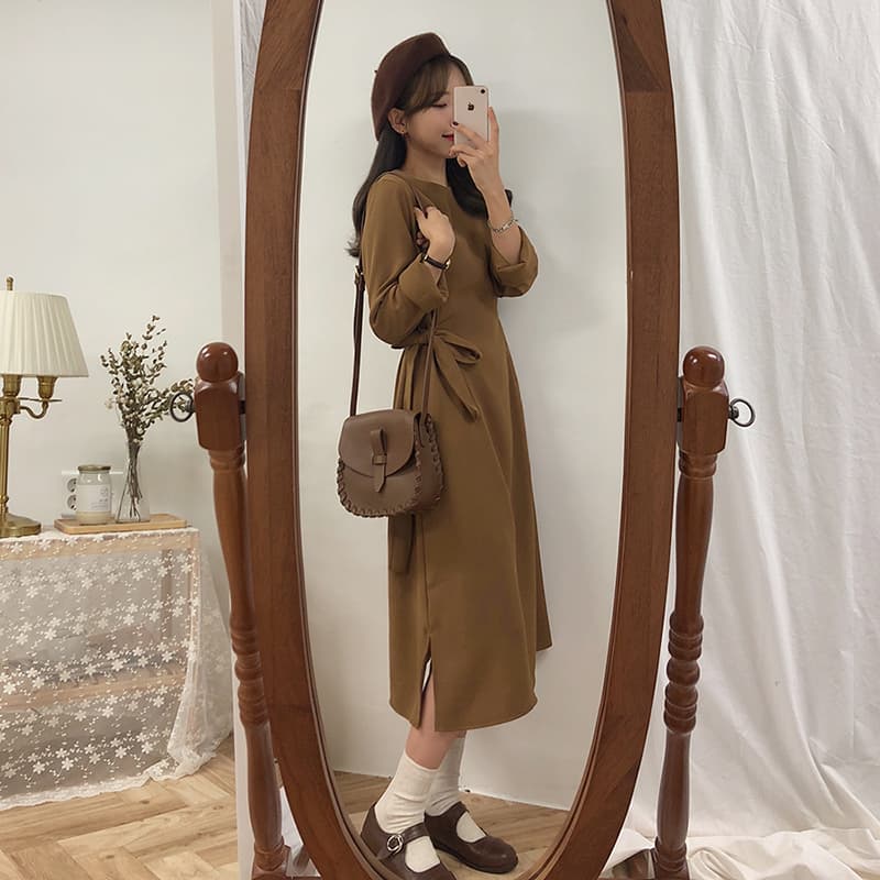선물 화물 한국 스타일 허리 수축 봄 가을 레이스업 여성 드레스 그는 벤 바람 롱 스커트 상세 이미지 23