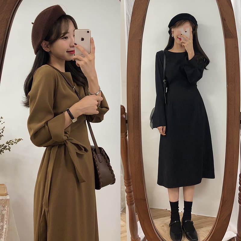 선물 화물 한국 스타일 허리 수축 봄 가을 레이스업 여성 드레스 그는 벤 바람 롱 스커트 상세 이미지 33