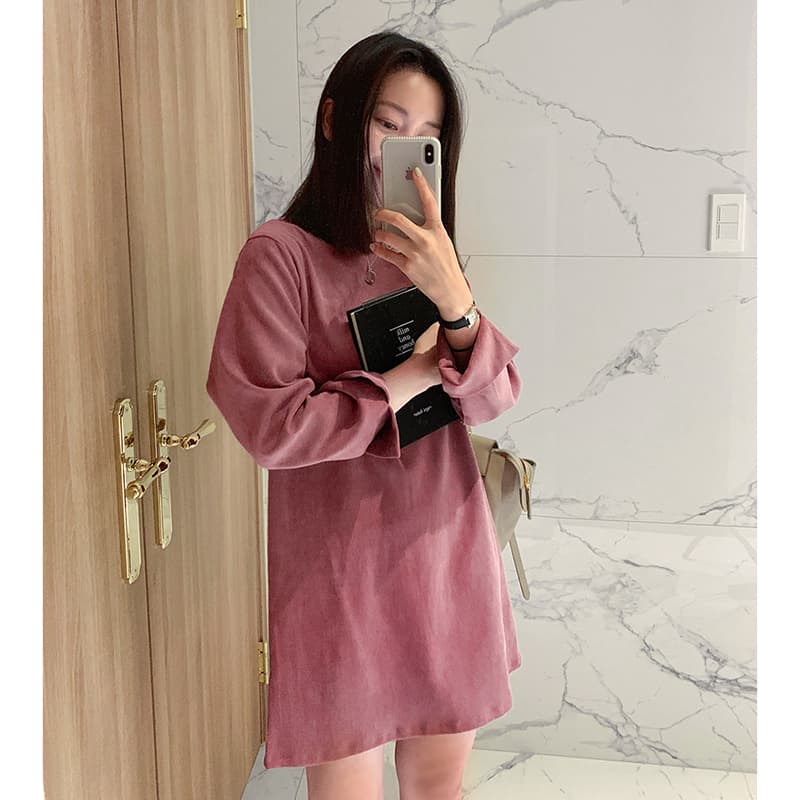 선물 화물 한국 스타일 라운드 넥 드레스 루즈핏 단색 드레스 이미지 2