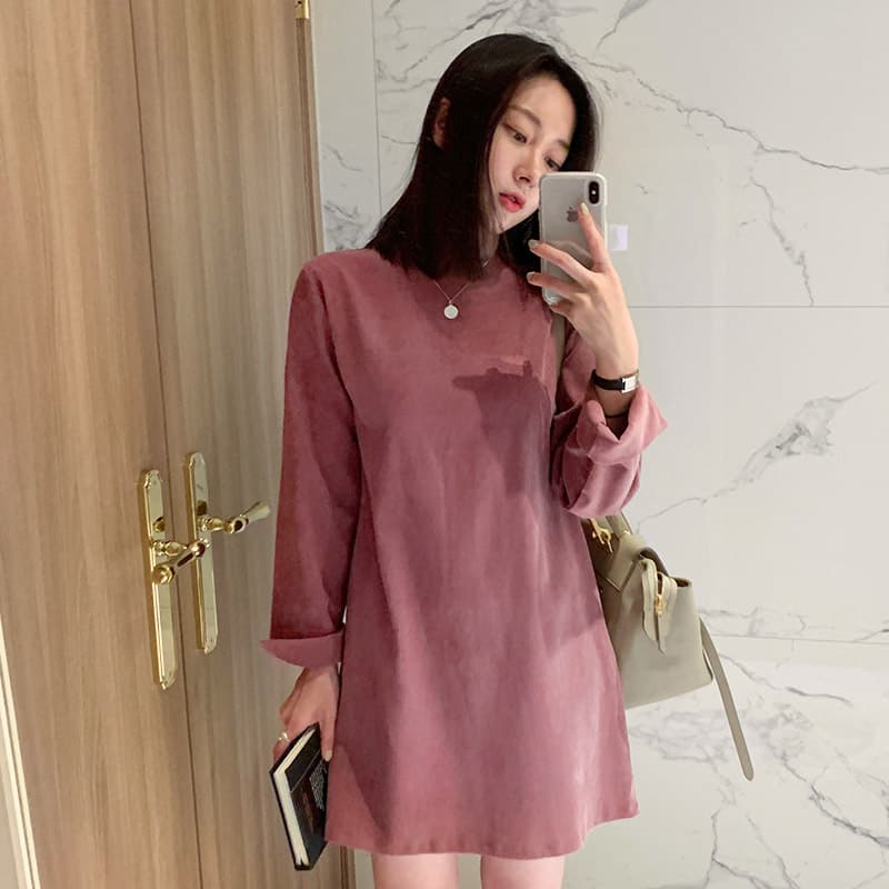 선물 화물 한국 스타일 라운드 넥 드레스 루즈핏 단색 드레스 이미지 3