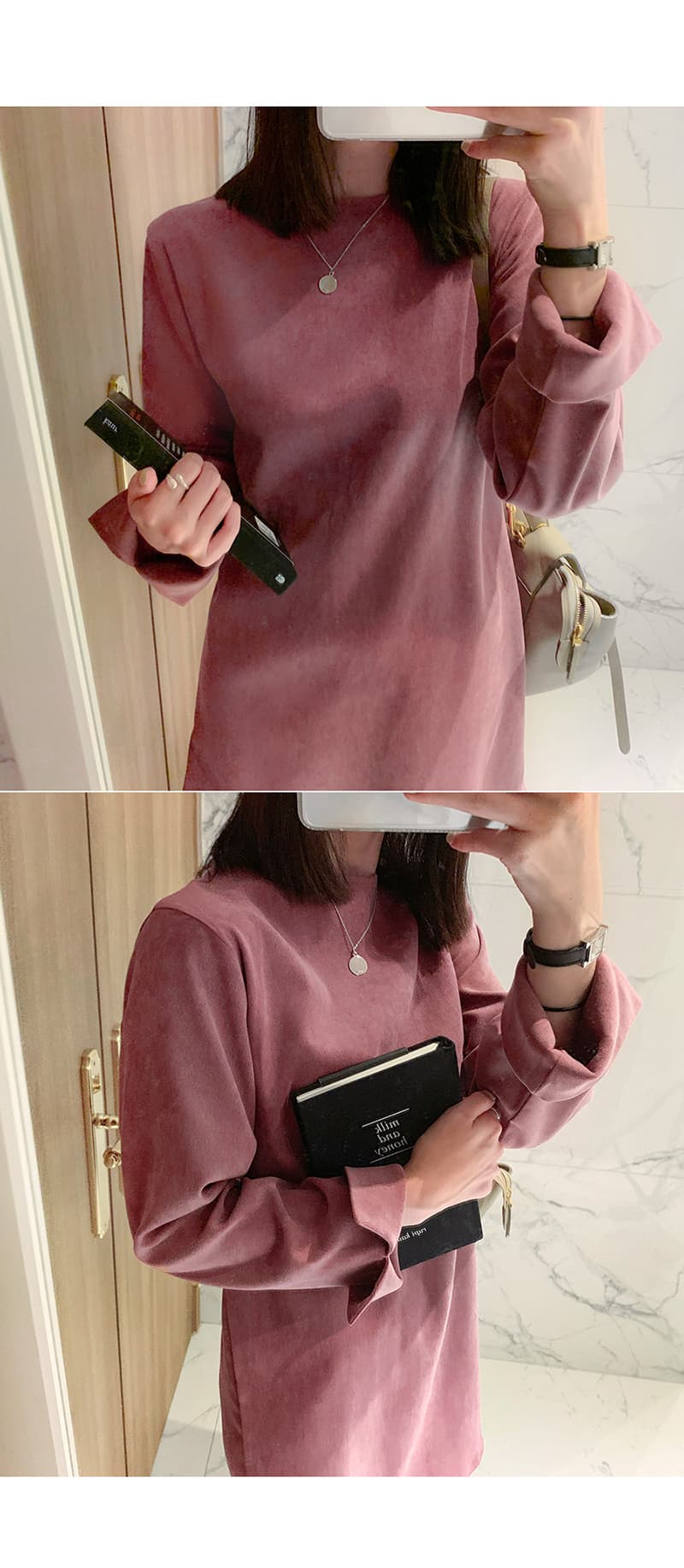 선물 화물 한국 스타일 라운드 넥 드레스 루즈핏 단색 드레스 상세 이미지 6
