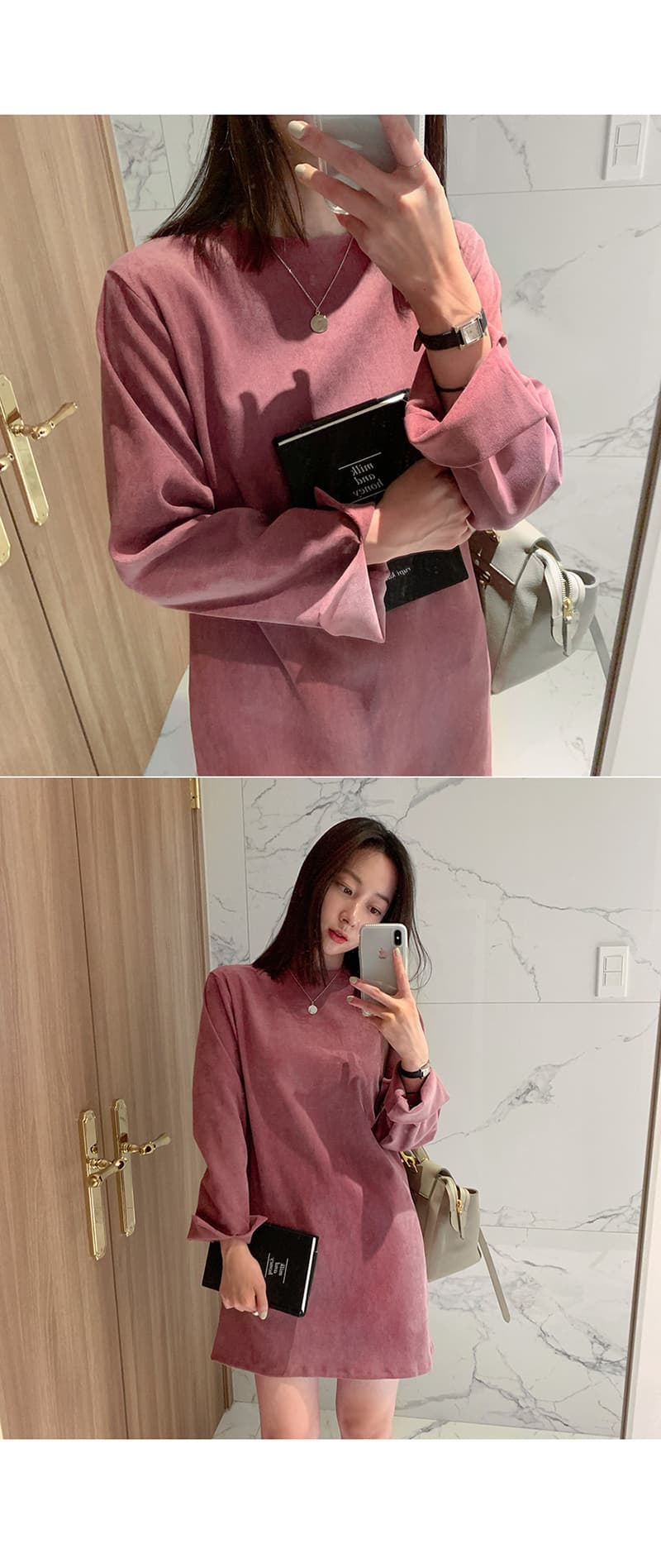 선물 화물 한국 스타일 라운드 넥 드레스 루즈핏 단색 드레스 상세 이미지 12