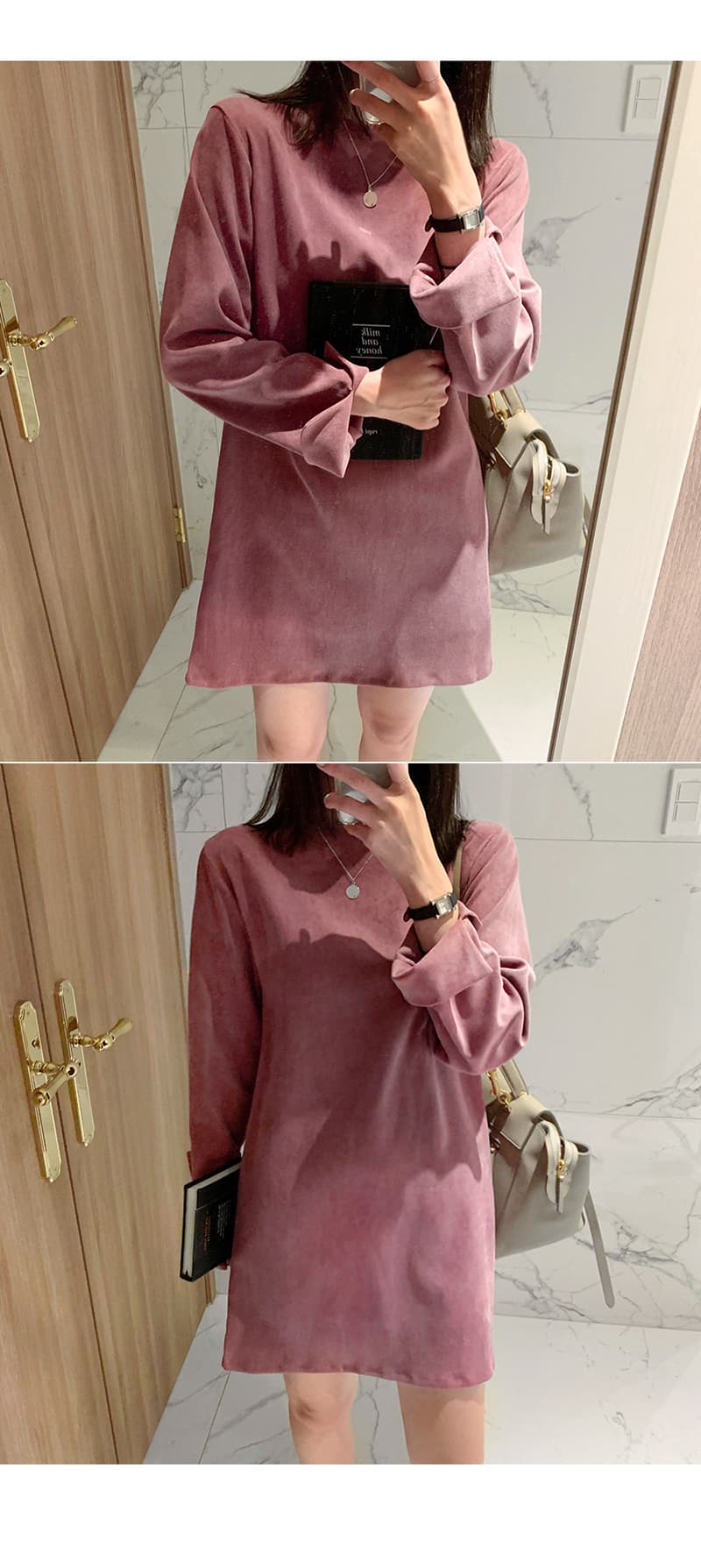 선물 화물 한국 스타일 라운드 넥 드레스 루즈핏 단색 드레스 상세 이미지 14