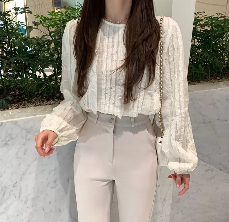 선물 화물 한국 스타일 빛 요리 한 패션 술 측면 패치워크 라운드 넥 긴팔 쉬폰 여성 한 첨부 된 의류 이미지 2