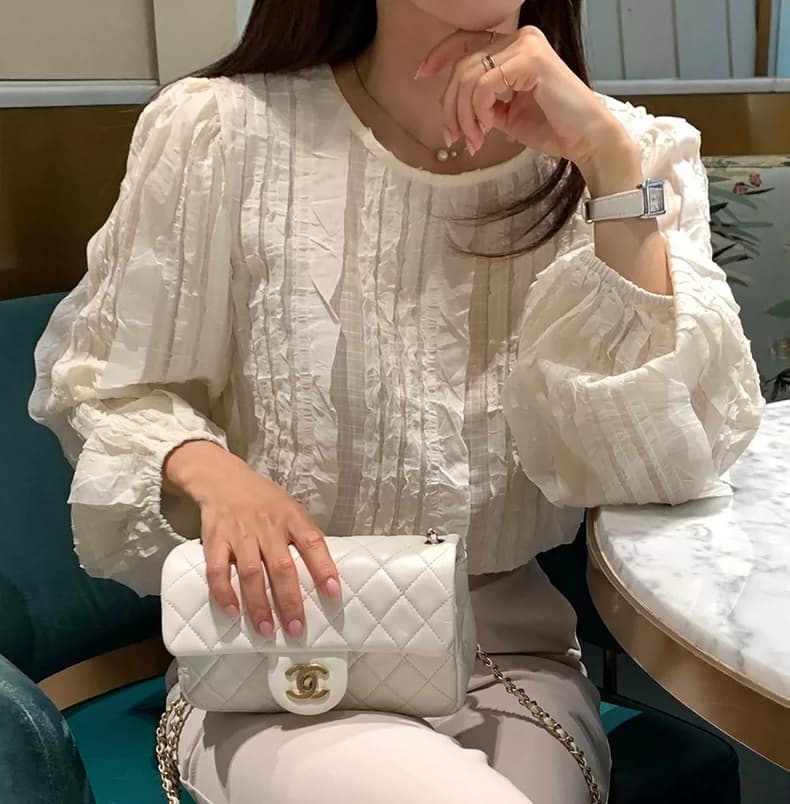 선물 화물 한국 스타일 빛 요리 한 패션 술 측면 패치워크 라운드 넥 긴팔 쉬폰 여성 한 첨부 된 의류 이미지 4