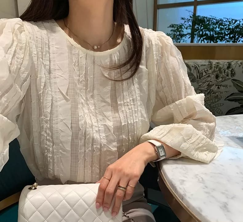 선물 화물 한국 스타일 빛 요리 한 패션 술 측면 패치워크 라운드 넥 긴팔 쉬폰 여성 한 첨부 된 의류 상세 이미지 7