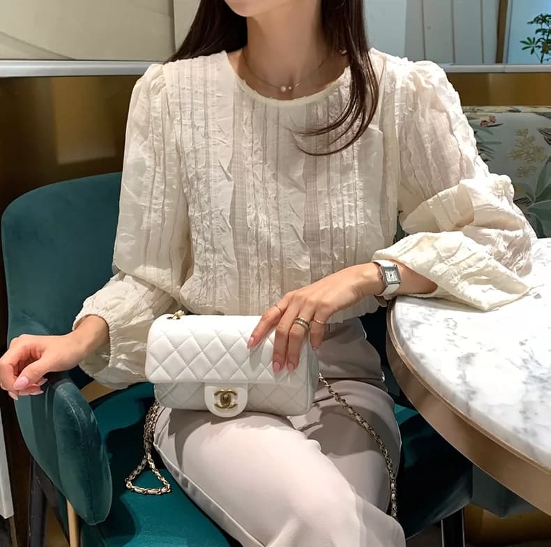 선물 화물 한국 스타일 빛 요리 한 패션 술 측면 패치워크 라운드 넥 긴팔 쉬폰 여성 한 첨부 된 의류 상세 이미지 9