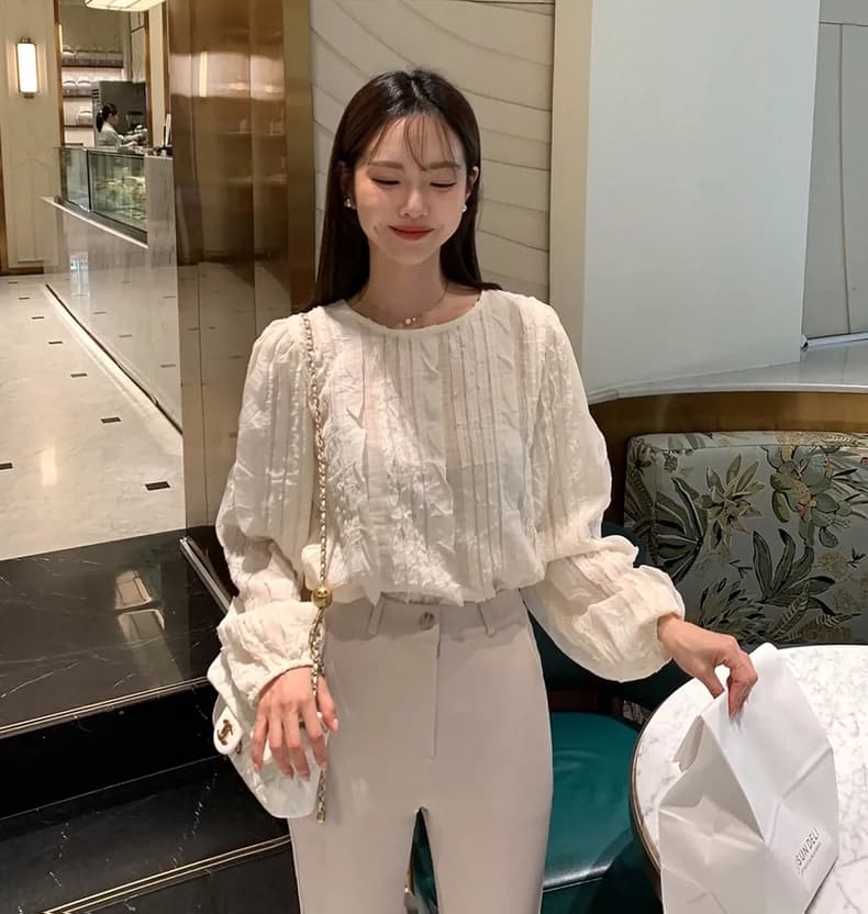 선물 화물 한국 스타일 빛 요리 한 패션 술 측면 패치워크 라운드 넥 긴팔 쉬폰 여성 한 첨부 된 의류 상세 이미지 11