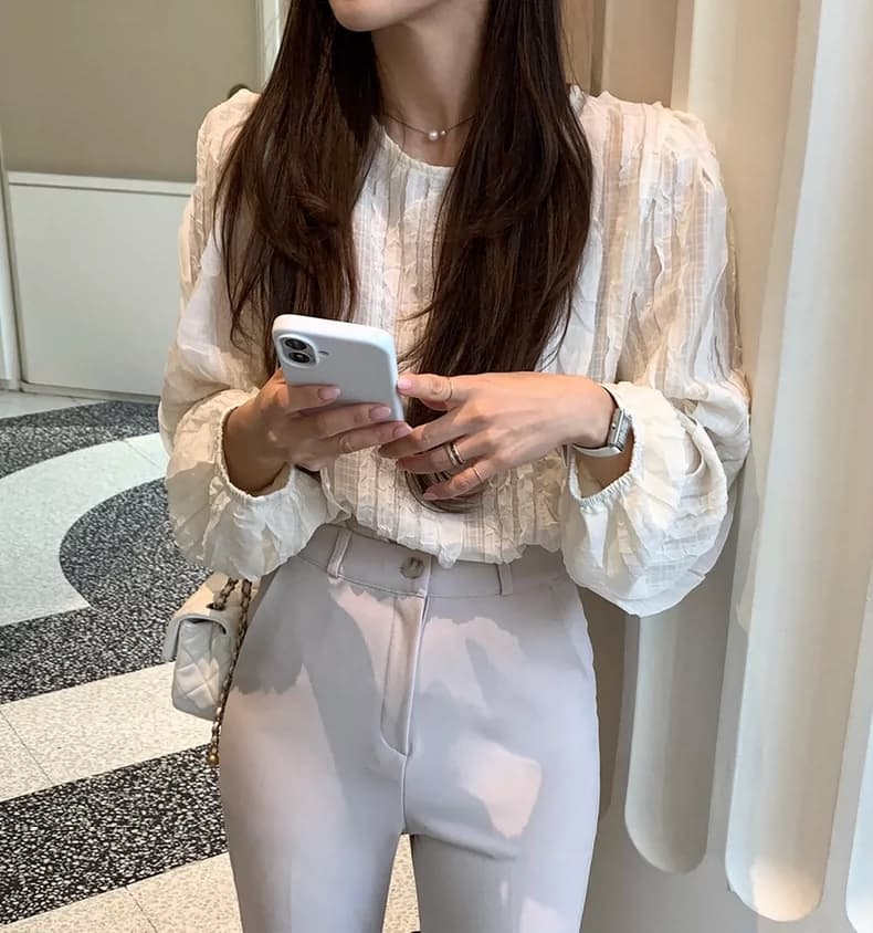 선물 화물 한국 스타일 빛 요리 한 패션 술 측면 패치워크 라운드 넥 긴팔 쉬폰 여성 한 첨부 된 의류 상세 이미지 15