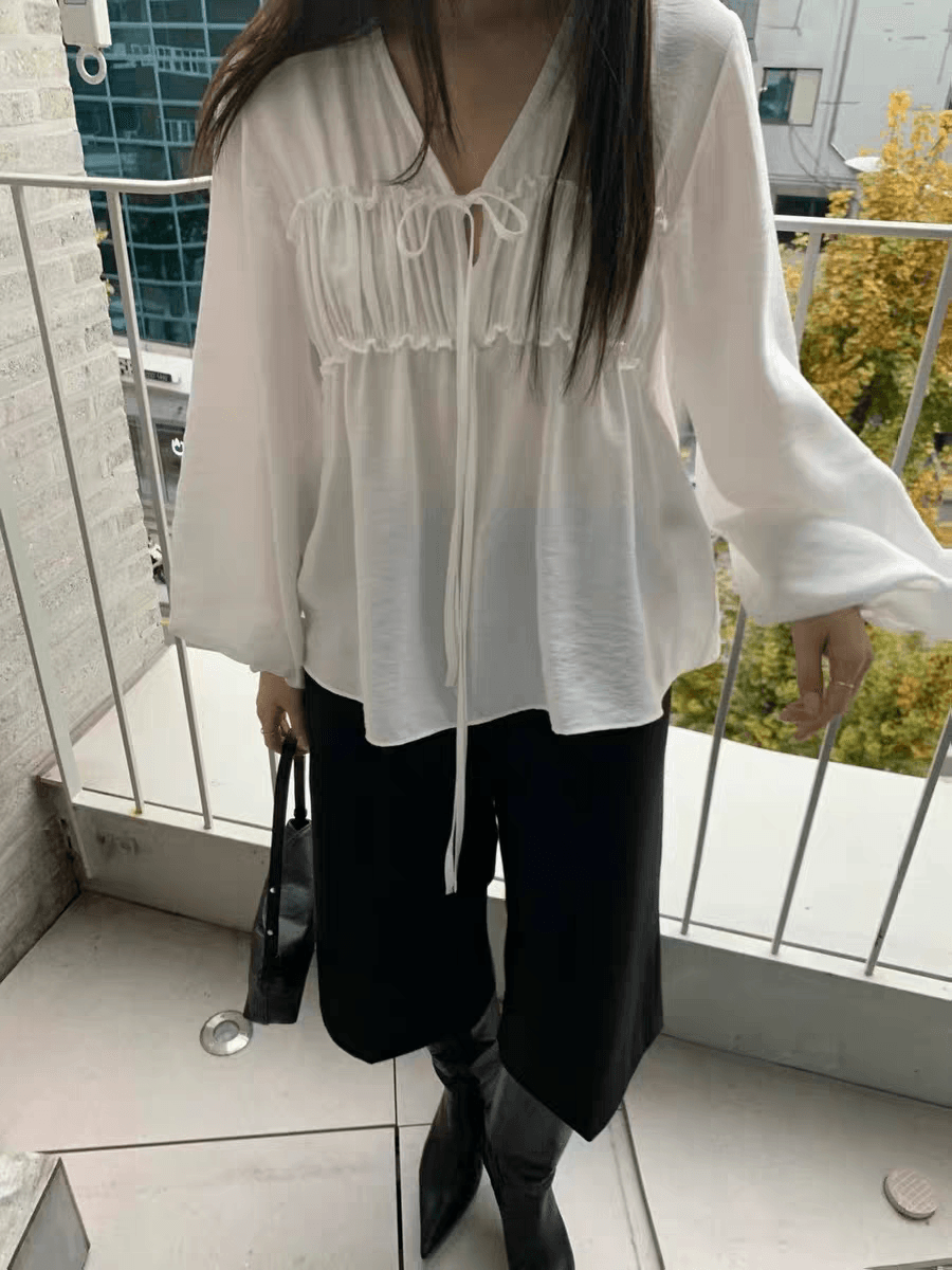 선물 화물 한국 스타일 여성 셔츠 봄 가을 다용도 루즈핏 긴팔 축소 주름 앞 가슴 V넥 레이스업 맨위 의류