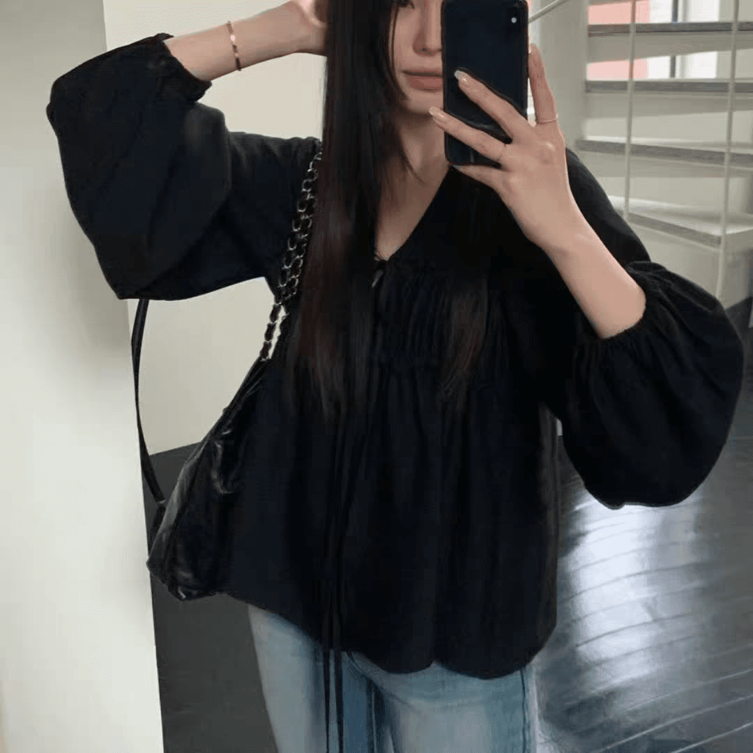 선물 화물 한국 스타일 여성 셔츠 봄 가을 다용도 루즈핏 긴팔 축소 주름 앞 가슴 V넥 레이스업 맨위 의류 상세 이미지 3