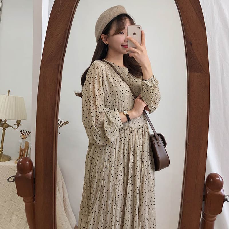 선물 화물 레트로 몸매 가꾸기 쉬폰 도트 드레스 이미지 2