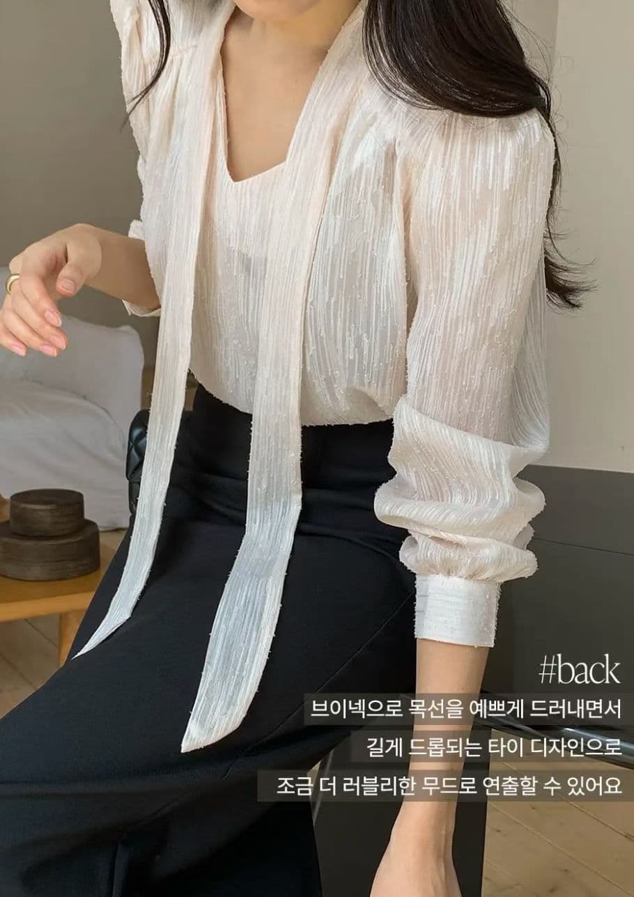 선물 화물 한 부서 우아함 품격 리본 디자인 센스 V넥 거품 소매 여성 셔츠 루즈핏 Chic 맨위 상세 이미지 3