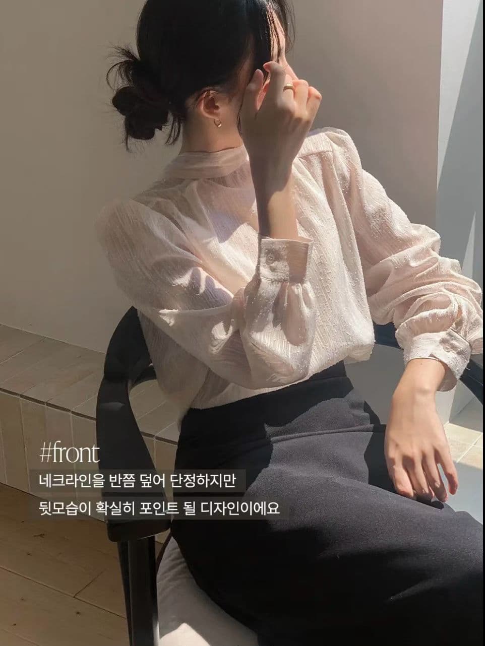 선물 화물 한 부서 우아함 품격 리본 디자인 센스 V넥 거품 소매 여성 셔츠 루즈핏 Chic 맨위 상세 이미지 4