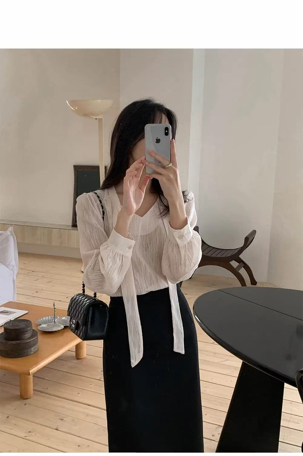 선물 화물 한 부서 우아함 품격 리본 디자인 센스 V넥 거품 소매 여성 셔츠 루즈핏 Chic 맨위 상세 이미지 5