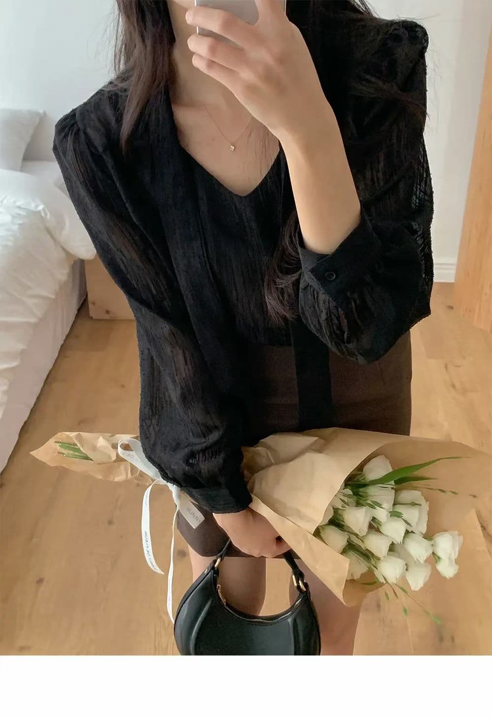 선물 화물 한 부서 우아함 품격 리본 디자인 센스 V넥 거품 소매 여성 셔츠 루즈핏 Chic 맨위 상세 이미지 10