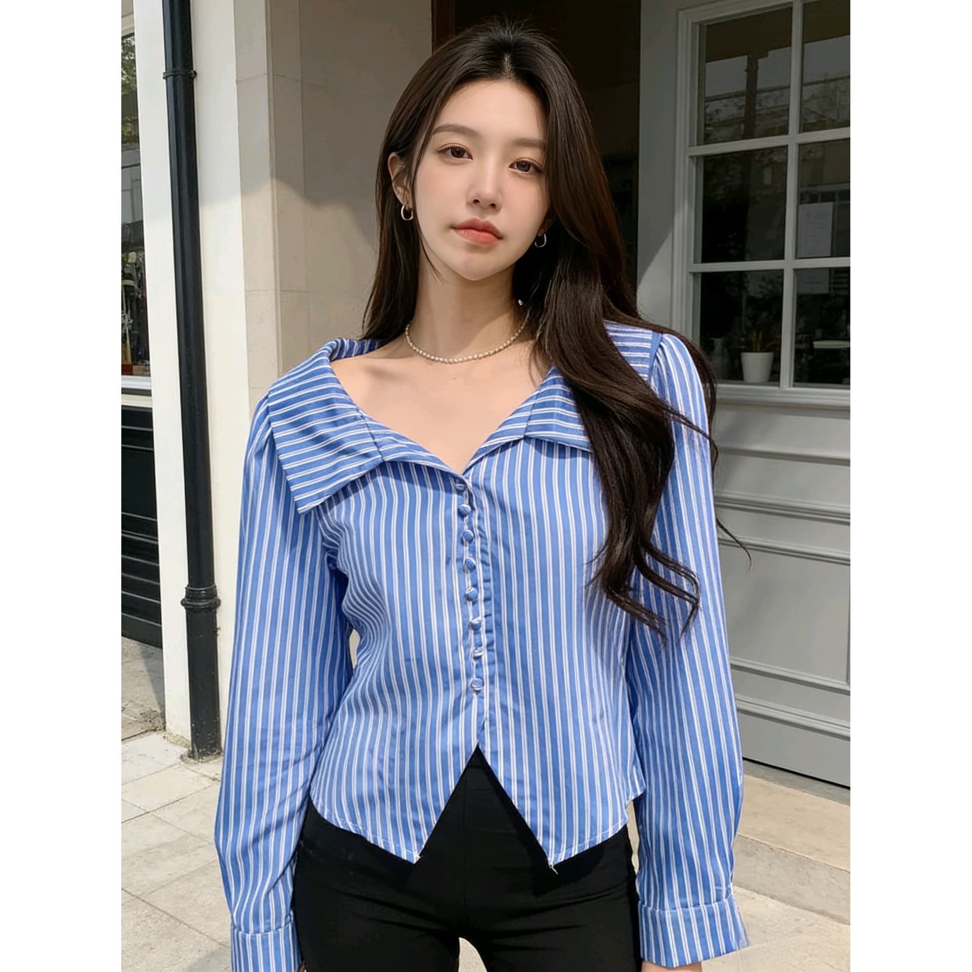 선물 화물 고급 센스 외국 가스 품격 허리 수축 슬림해 보이는 다용도 긴팔 폴로 칼라 Chic 고유 한 아름다운 셔츠 맨위 이미지 5
