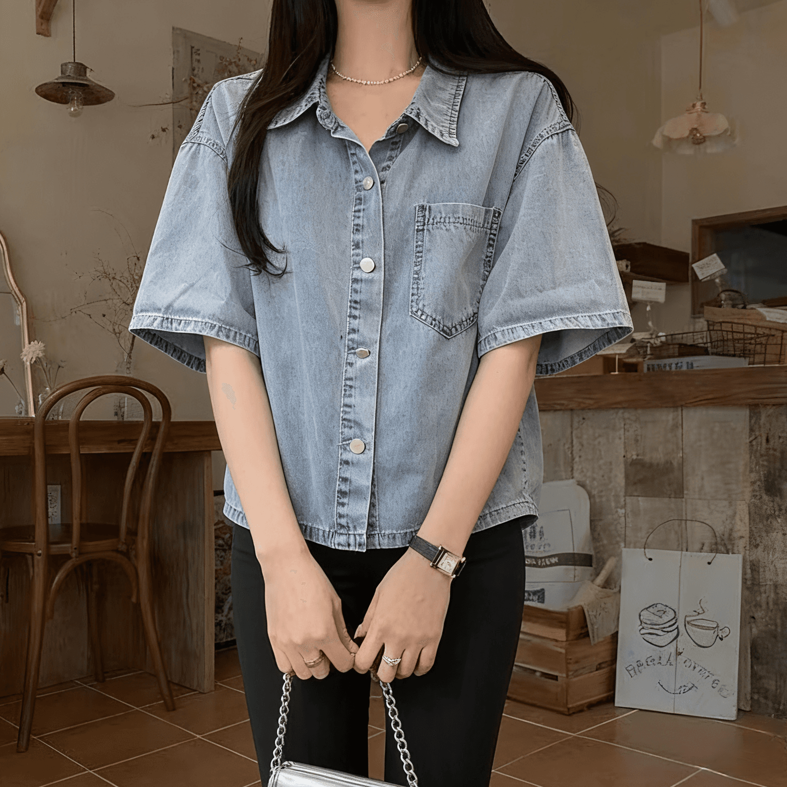 선물 화물 루즈핏 쇼트 스타일 데님 여성 코트 여름 출퇴근 폴로 칼라 가을 어깨 반팔 프로 피부 면 단색 맨위 이미지 4