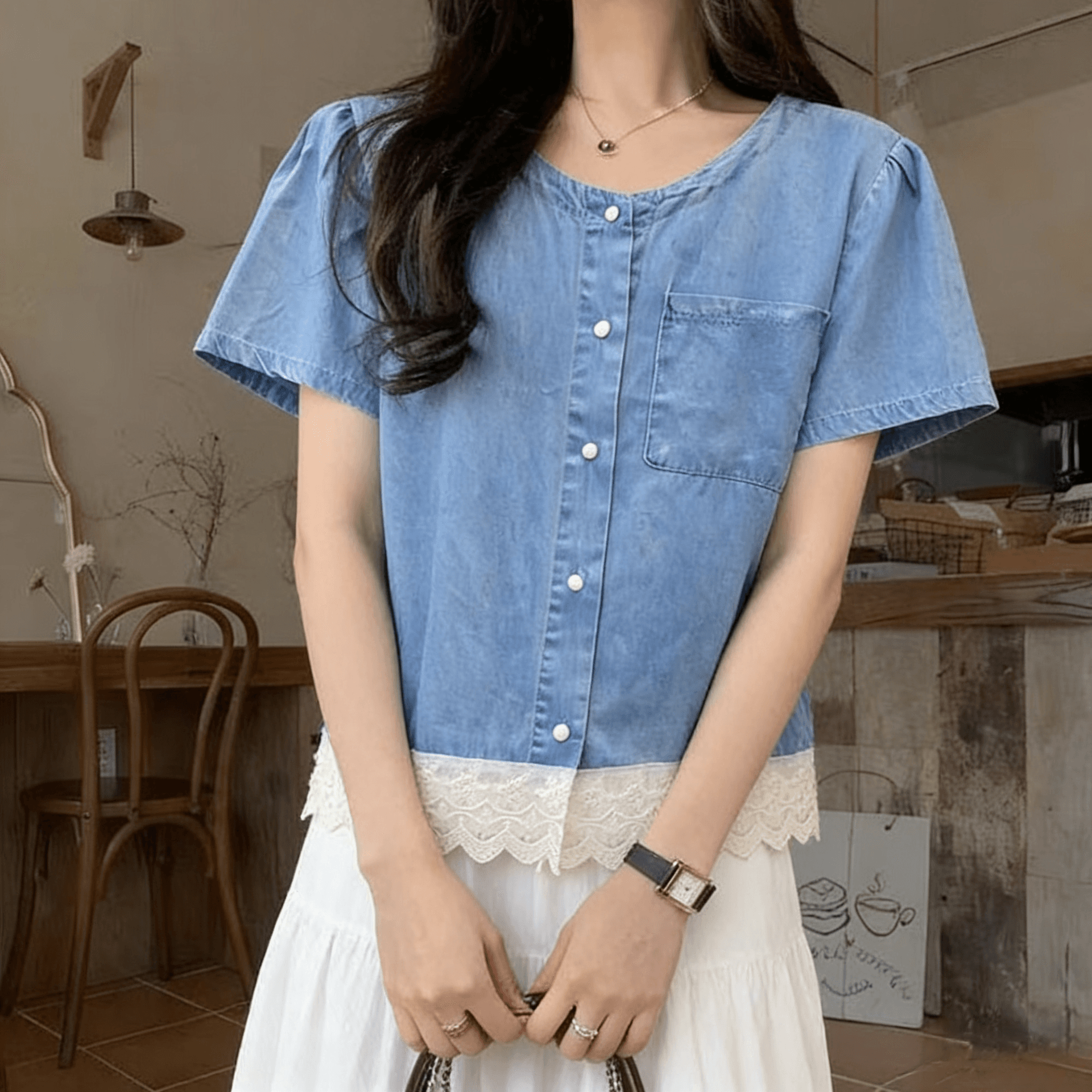 선물 화물 레이스 밑단 데님 반팔 여성 셔츠 여름 레트로 작은 셔츠 인형 셔츠 맨위 상세 이미지 5