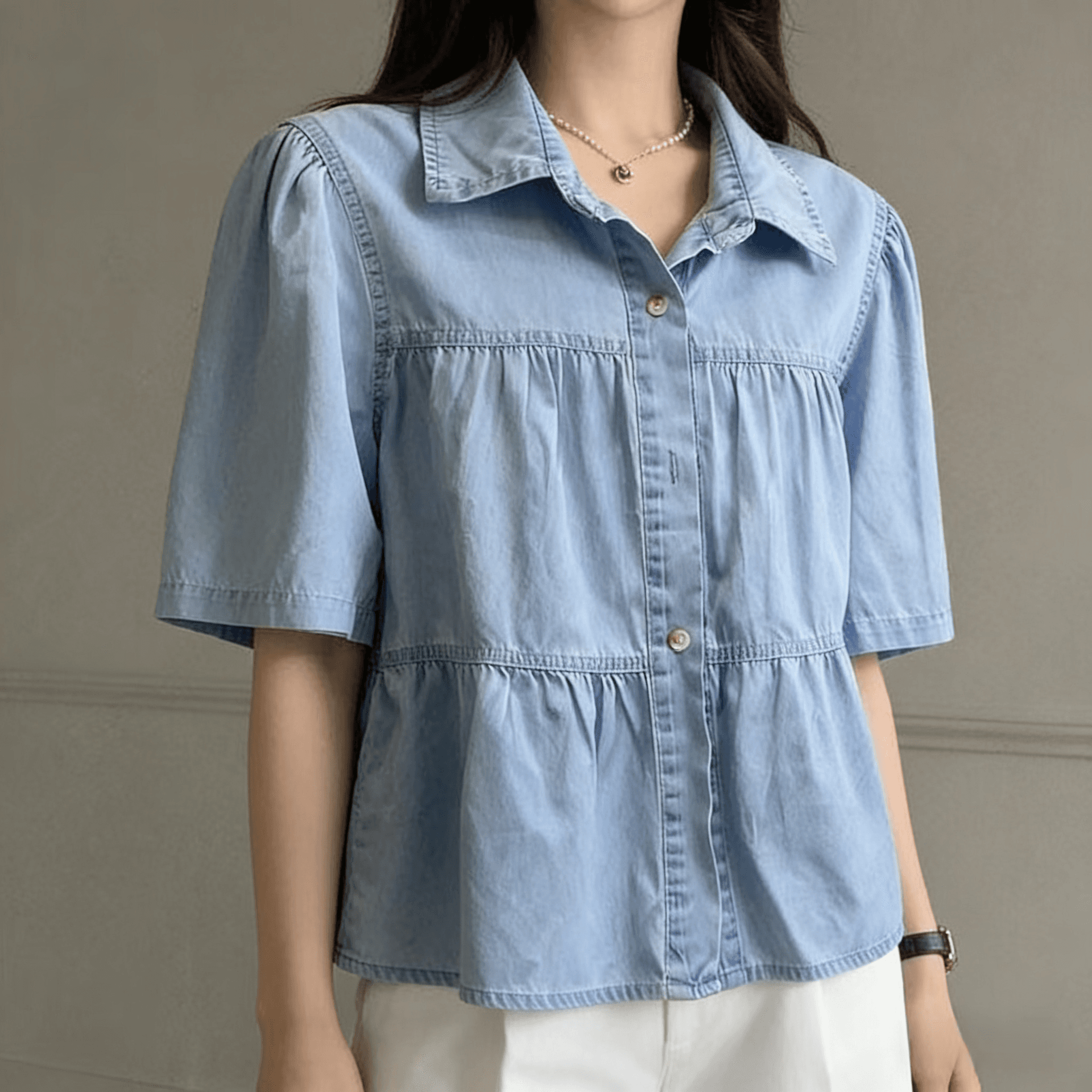 선물 화물 한국 동대문 여성 의류 폴로 칼라 달콤함 인터넷 에디션 슬림해 보이는 여성 데님 셔츠 이미지 5