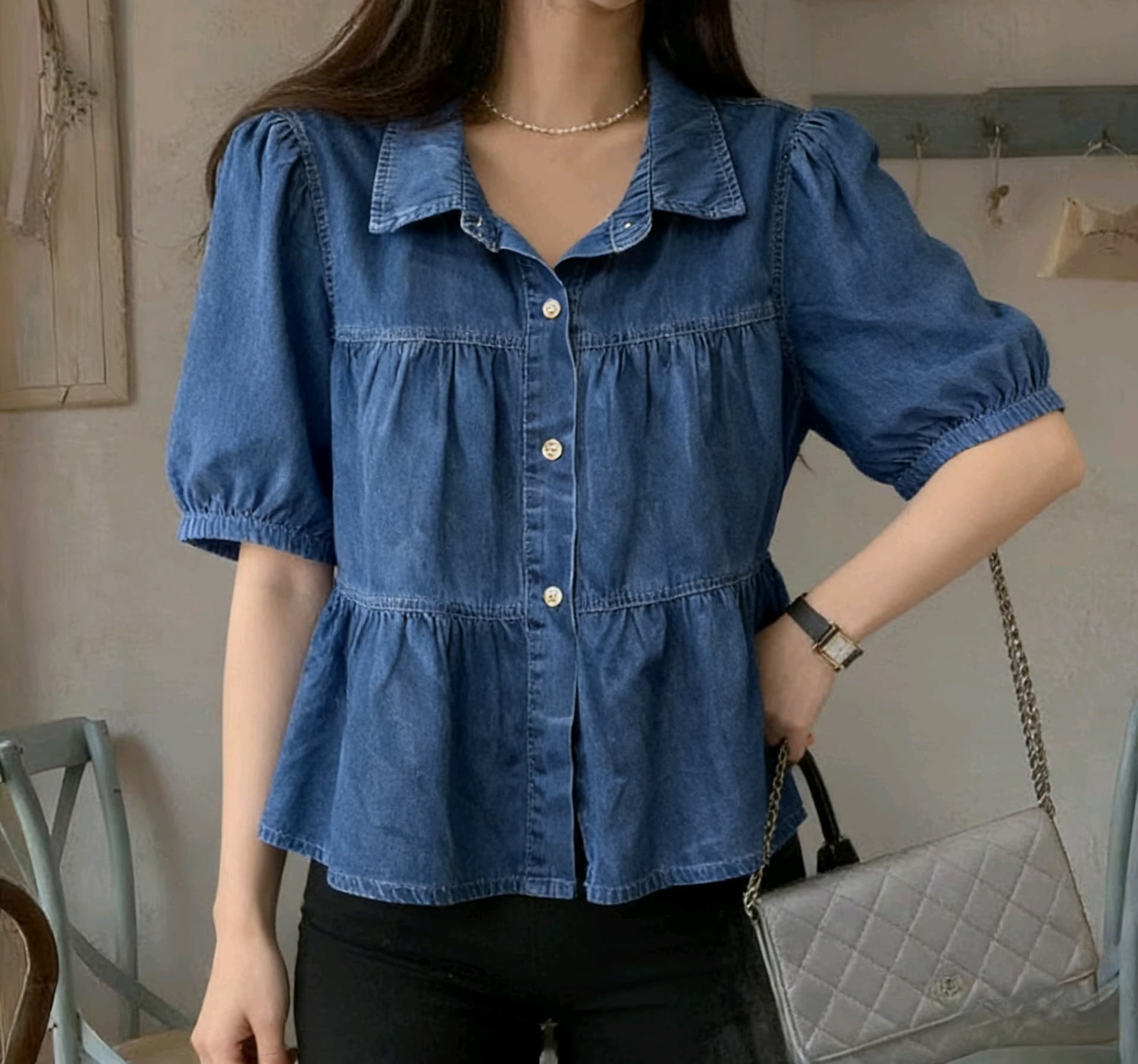 선물 화물 한국 동대문 여성 의류 폴로 칼라 달콤함 인터넷 에디션 슬림해 보이는 여성 데님 셔츠 상세 이미지 3