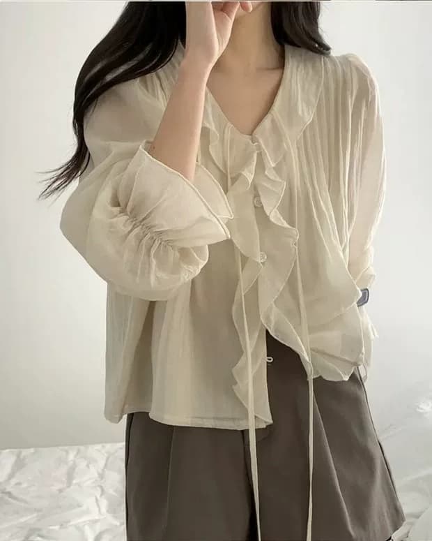 선물 화물 한국 chic 달콤함 쉬폰 블라우스 프릴 V넥 여성 셔츠 주름 장식 디자인 루즈핏 나팔 소매 맨위 이미지 3